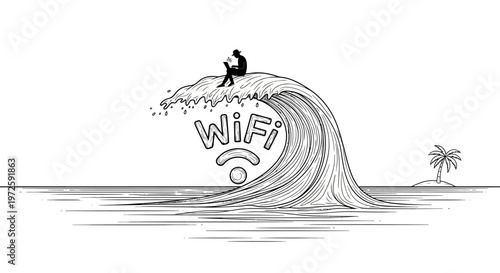 A surfer riding a large wave with a wifi symbol on it near a palm tree on a sunny day outdoors.