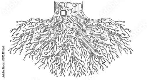 A detailed illustration of a tree's root system with trunk and branches spreading out in all directions on a plain surface.