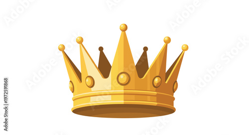 A majestic golden crown with five distinct points and polished spherical tips stands prominently as a symbol of royalty against a clean white background.