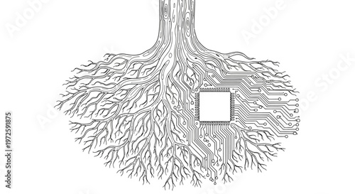 An abstract illustration depicts a tree with sprawling roots and a square cutout in the trunk standing alone in a neutral environment showcasing nature