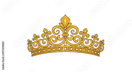 An exquisitely detailed golden tiara featuring elegant scrollwork patterns and shimmering white pearls rests gracefully against a bright white backdrop.