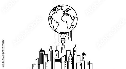 A hot air balloon shaped like the Earth soars above a modern cityscape with skyscrapers and buildings under a clear sky with whisk-generated concept.