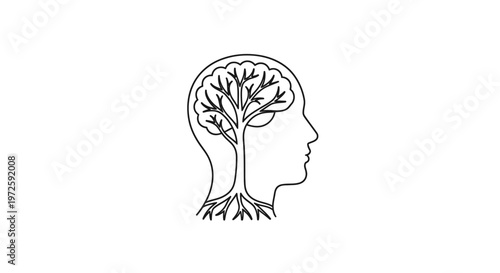A minimalist line drawing of a human head with a tree growing out of it, symbolizing growth and harmony with nature, in a simple profile view.