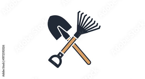 Garden tools crossed shovel and rake.
