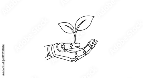 A robotic hand gently holds a small sprouting plant with two leaves in a nurturing gesture of technological advancement.