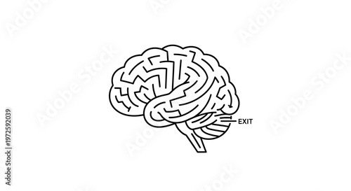 A maze designed as a brain with an exit sign leading out is illustrated in a minimalist black line drawing style on a white background.