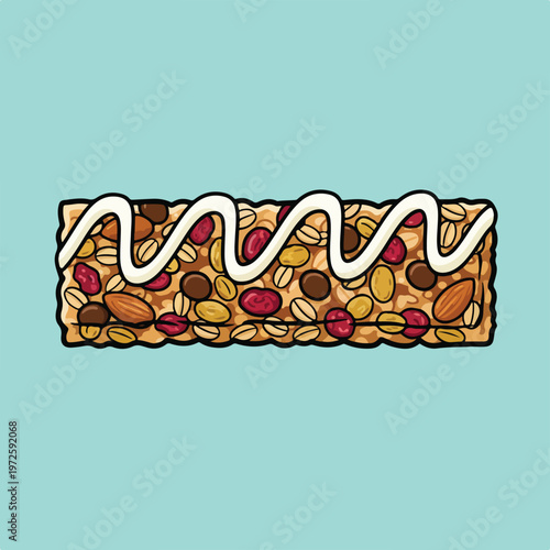 A detailed vector illustration of a granola bar filled with nuts, seeds, and dried fruit, topped with white icing on a light blue background.