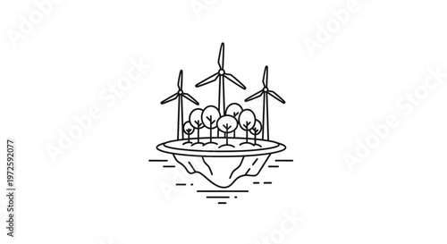 A floating island with wind turbines and trees is surrounded by water on a sunny day with a clear blue sky and a sense of freedom and whisks generated on a whim for whimsical designs.