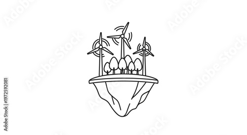 A futuristic illustration of a hand cradling a floating island with wind turbines and palm trees on top, surrounded by a serene environment.