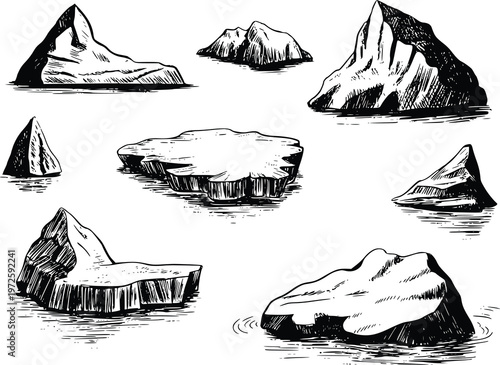 Icebergs Floating in Water Vector Illustration