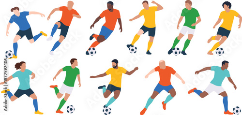 Set of diverse soccer players playing football vector illustration with male and female athletes kicking ball isolated on white background for sports competition and fitness concept