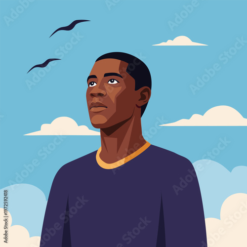 Young african american man looking up over blue sky with clouds. Freedom concept illustration.