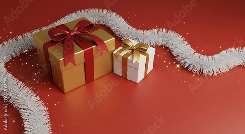 Festive Gold Gift Boxes with Red Ribbon and White Tinsel.