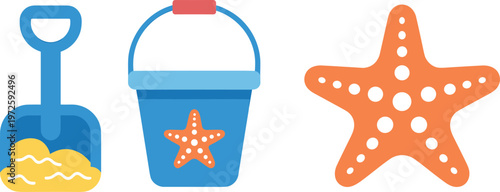 Summer beach toys set with blue bucket sand shovel and orange starfish vector illustration for seaside vacation and children play concept isolated on white background