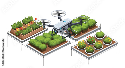 Drone flying over garden plots with various plants and vegetables