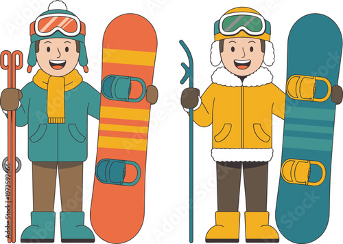 Two happy young men standing with snowboards and skis wearing winter jackets hats and goggles for mountain resort sports vector.