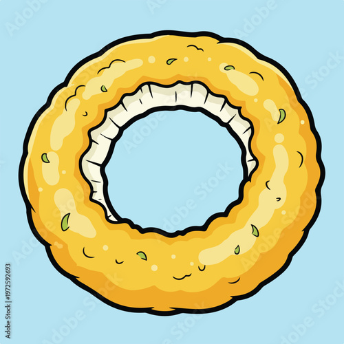 This is a cartoon illustration of a crispy, golden-brown onion ring with green herb flecks, set against a simple light blue background.