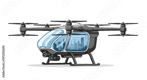 Modern futuristic drone helicopter with cityscape view