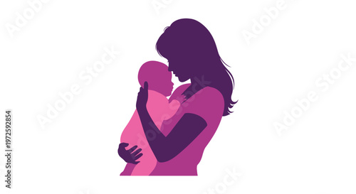 A tender silhouette of a mother cradling her newborn baby in arms