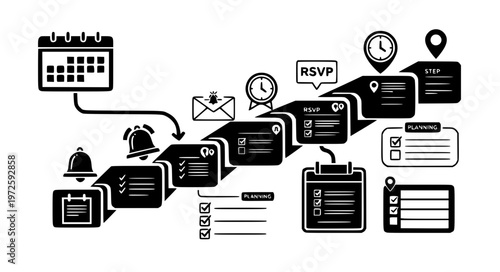 Step Sequence Event Planning Calendar with Reminder and RSVP Icons Black Silhouette Vector Illustration