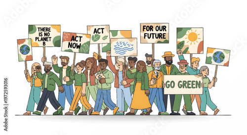 Diverse group of people protesting for environmental awareness and sustainability