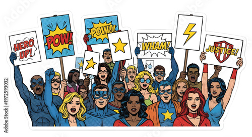 Diverse group of superheroes holding protest signs together
