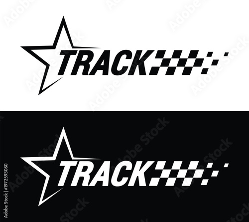 Track racing badge with star and checkered motion trail, motorsport course graphic for race branding, automotive events, circuit identity, sports design element. Vector illustration
