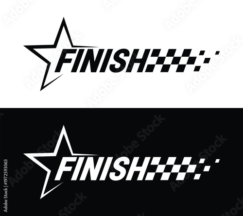 Finish line racing badge with star and checkered flag motion, victory result graphic for race winner announcement, motorsport event poster, podium celebration design. Vector illustration