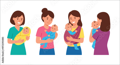 A series of illustrations depicting mothers lovingly holding their newborn babies