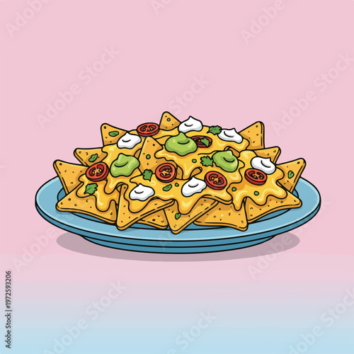 This vibrant vector illustration depicts a delicious plate of cheesy nachos topped with guacamole, sour cream, and spicy jalapeño slices.