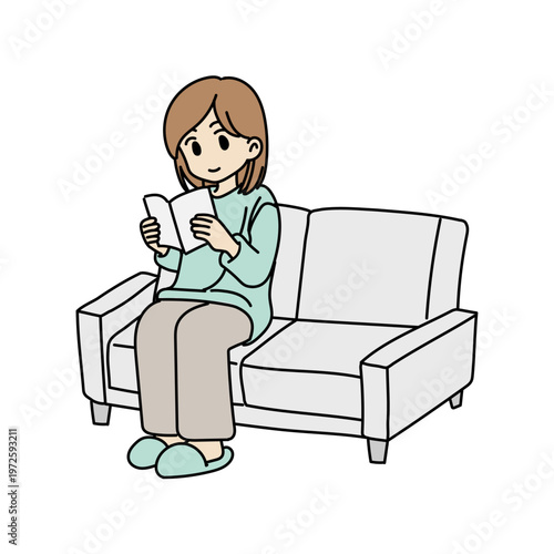 ソファで読書を楽しむ女性のシンプルなイラスト
