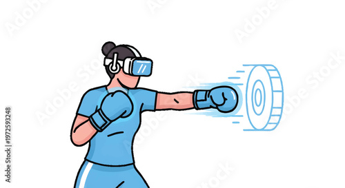 Woman wearing VR headset boxing virtual opponent in blue