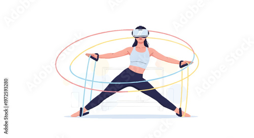 Woman in sports outfit playing with colorful hula hoops energetically