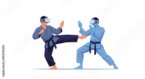 Two karate players wearing protective gear sparring