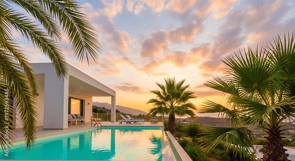 Fototapeta premium Luxury villa with pool at sunset, palm trees frame the view, mountains in the distance