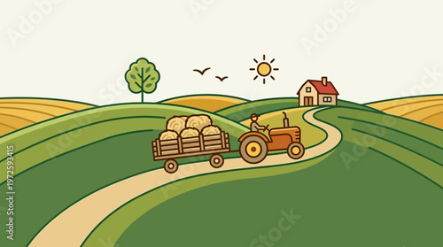 Rural Farm Scene with Tractor and Hay Cart