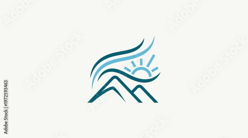 Abstract Mountain Scene Logo with Sun and Breeze