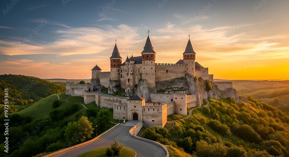 Fototapeta premium Majestic medieval fortress atop a hill at sunset, surrounded by lush green landscape