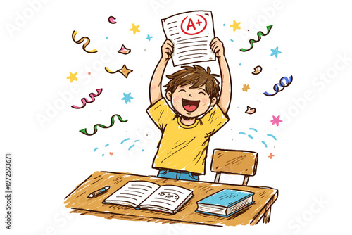 Doodle style icon finishing student completion joyful vector simple scene naive exam