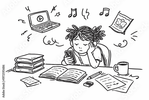 Uneven vector concept distraction doodle student minimal messy icon procrastination studying simple