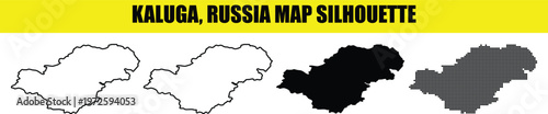 Kaluga russia map silhouette in white outline solid black and dotted styles isolated on transparent background.