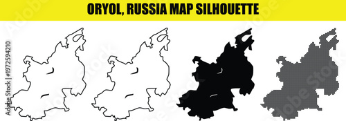 Oryol russia map silhouette in white outline solid black and dotted styles isolated on transparent background.