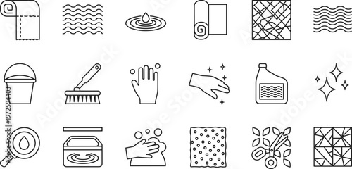 Cleaning supplies and hygiene icons set including sponge brush gloves detergent water drops and surface care vector illustration