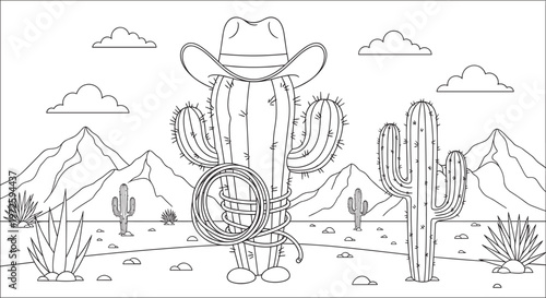 Cartoon cactus cowboy character vector illustration desert landscape with mountains clouds rope hat and western themed outline design