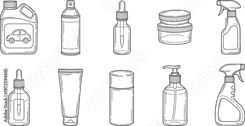 Cosmetic and cleaning product containers vector set including spray bottle dropper jar tube dispenser and liquid packaging illustration