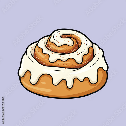 A delicious-looking vector illustration of a classic cinnamon roll, generously topped with smooth white icing and a sprinkle of cinnamon.