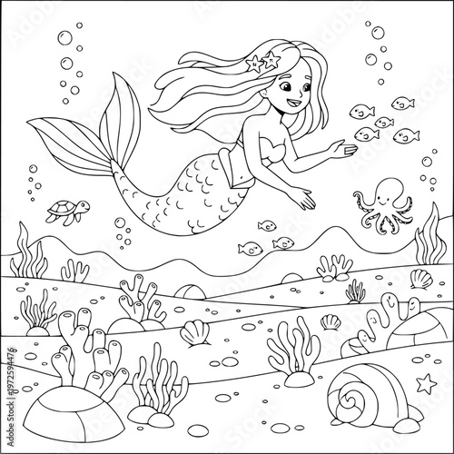 Coloring page displays a mermaid swimming past a snail shell and an octopus+