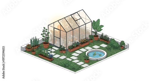Greenhouse garden with pool and plants isometric illustration