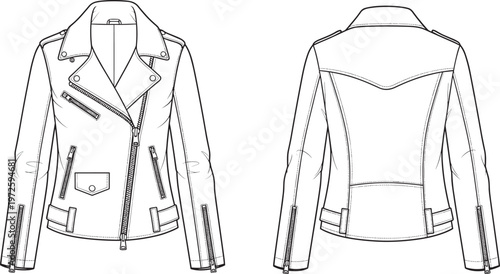 Leather biker jacket vector template front and back view detailed fashion garment outline with zipper pockets seams illustration