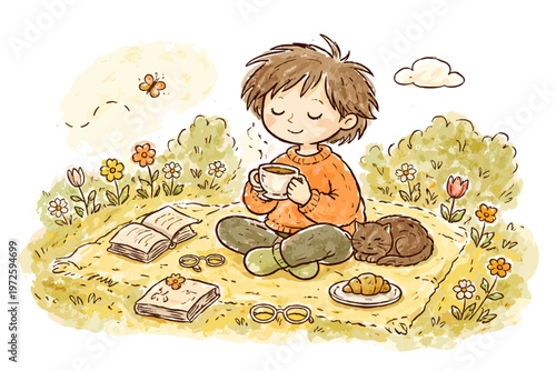 Vector icon quiet moment concept peaceful messy alone enjoying doodle naive